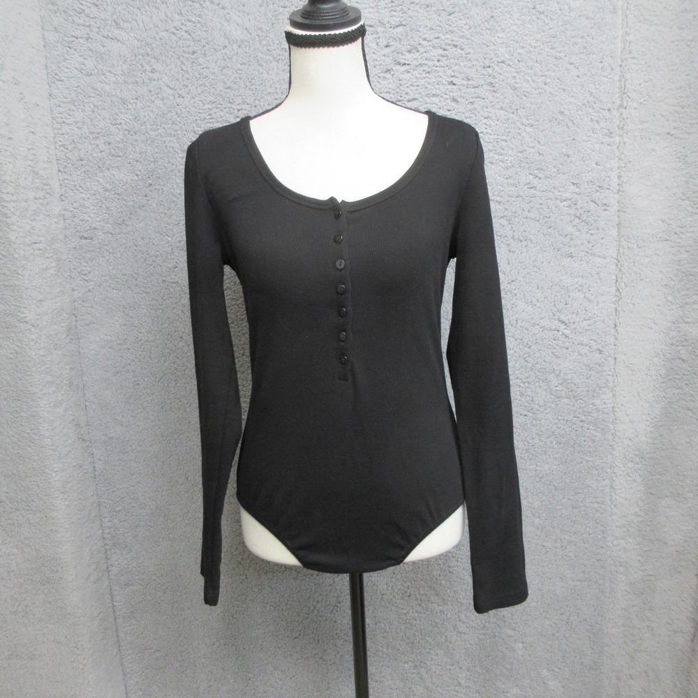 May&Maya Bodysuit Womens L Black Ribbed Henley Stretch Fitted Capsule Wardrobe